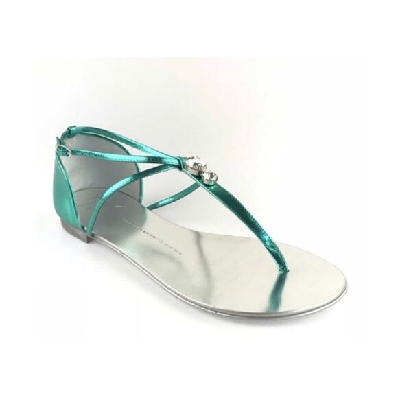Giuseppe Zanotti Teal Swarovski Crystal Metallic Emerald Leather Sandals 6.5 - Picture 1 of 9